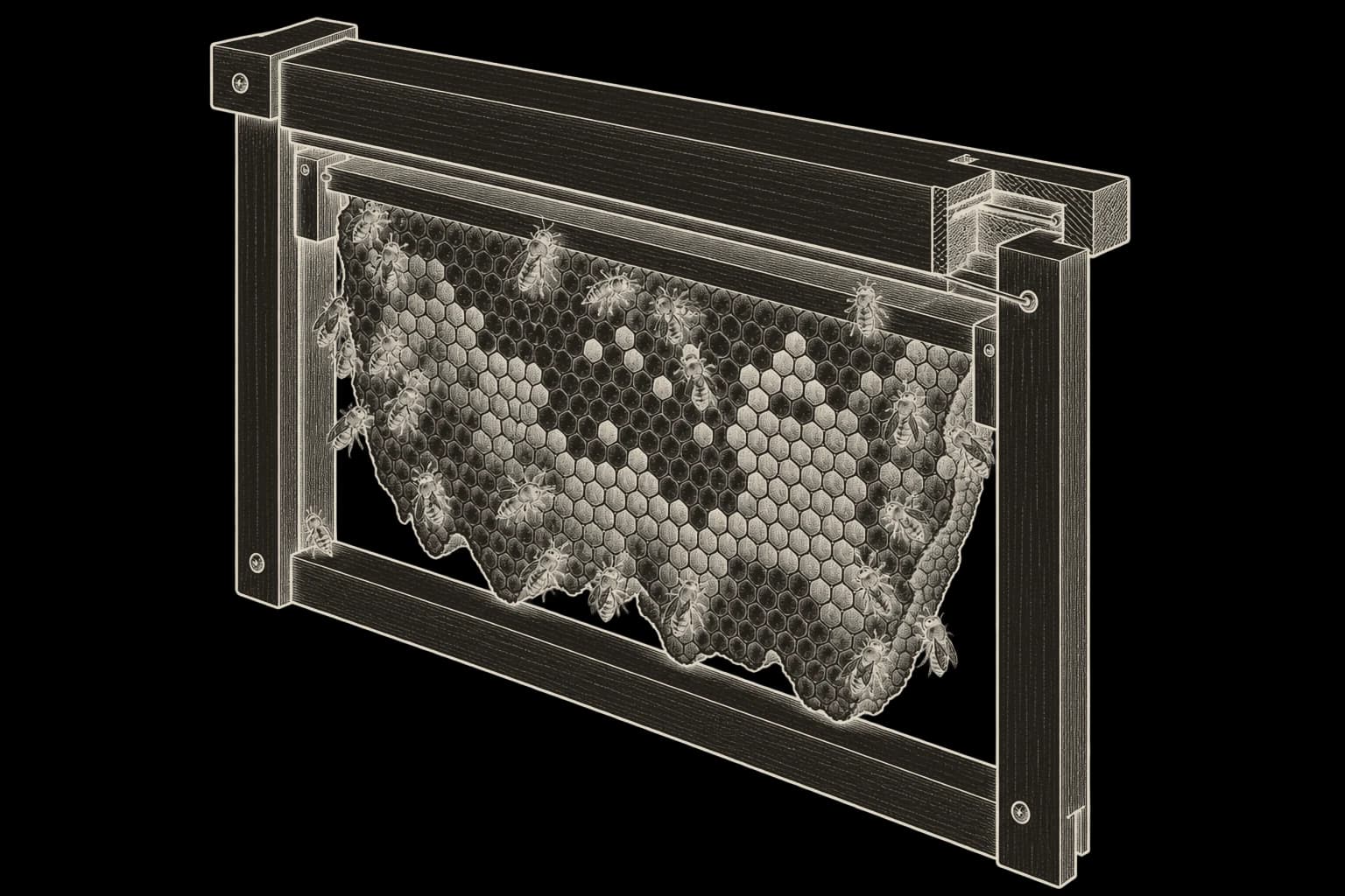 A removable comb frame, with its corner joint exposed to show how the structure supports what is inside.